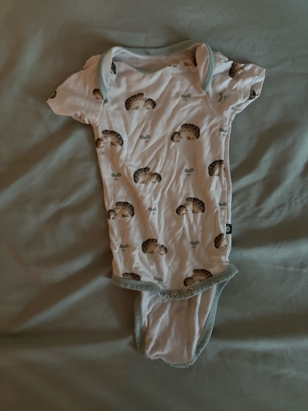 Kyte BABY White Bodysuit with Hedgehog Print and Light Green Trim